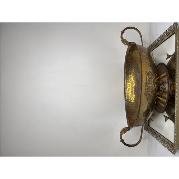 Vtg MCM Solid Brass Hammered Footed Center Bowl Decorative Bowl Double Handle - Picture 2 of 10